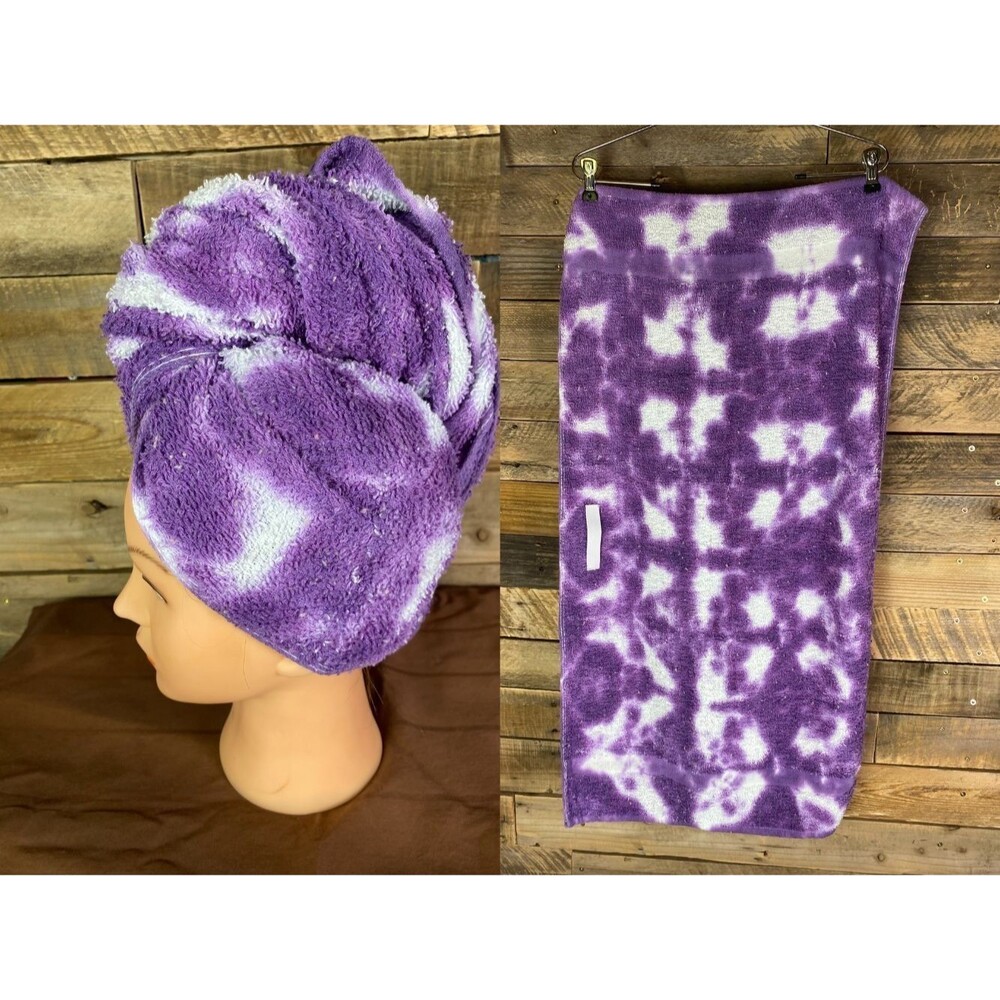 Tie Dye Hair Wrap Towel Soft 100% Cotton Purple & White Handmade 20X40 in
